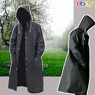 Waterproof Raincoat Long Black Men Womens Rain Coat Jacket Hooded Outdoor Hiking • £3.75