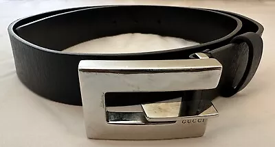 GUCCI G Silver Logo Black Leather Belt Unisex 80 32 Italy AUTHENTIC • $79.99