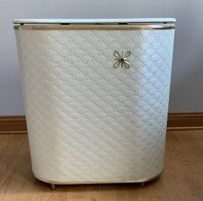 VTG Pearlized Laundry Hamper Basket Cream Wicker Vinyl Mid Century Modern ATOMIC • $85