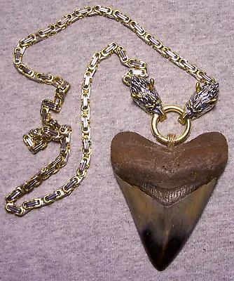 Megalodon Shark Tooth 3 3/8  Real Shark Teeth Necklace Fossil Big  Viking  Jewel • $124