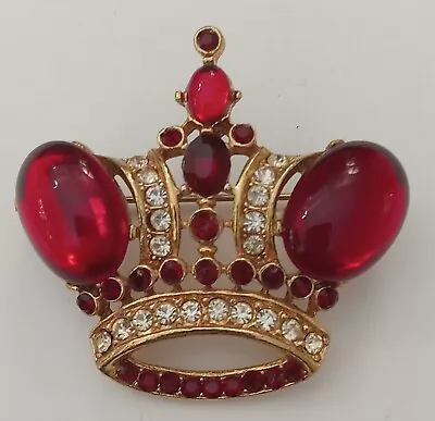 Vintage Brooch Gold Coronation Royal Crown Red Cabochons Sparkling Rhinestones • $34.96