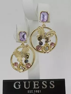 GUESS Gold-Tone Butterfly Tanzanite & Light Rose Front Facing Hoop Earrings • $9.99