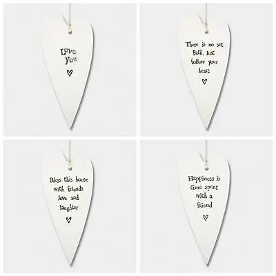 East Of India Long Hanging Heart Porcelain White Keepsake Gift Friends Family • £6.50