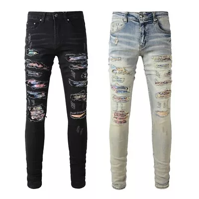 Men's Skinny Fit Stretch Ripped Patches Sanding Washed Distressed Denim Jeans • $59.25