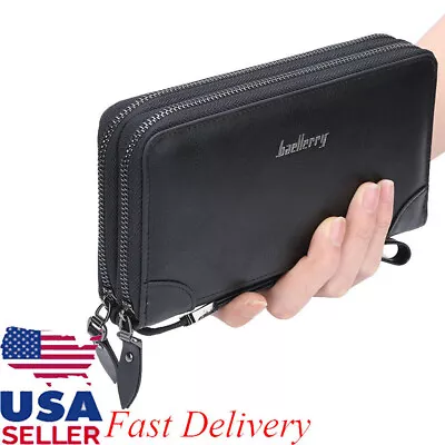 Men's Double Zipper PU Leather Clutch Wallet Phone Bag Handbag Purse Card Holder • $12.99