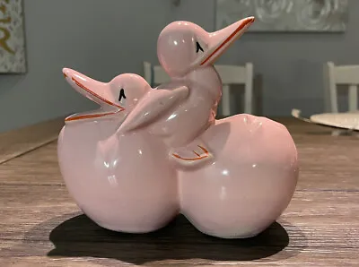 McCoy Ducks And Eggs Planter Pink Glaze Red Cold Paint Trim 1950’s 5” Tall • $40