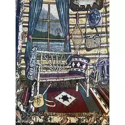 Vintage Rustica Cabin Tapestry Throw Fishing Blanket 46x65” Some Rips Clean • $20