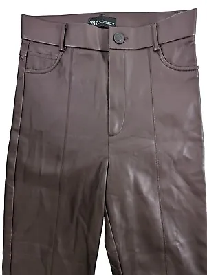 Zara Faux Leather Leggings Brown High Rise Ankle Zips Size EUR XS W24  L28  • £11.49