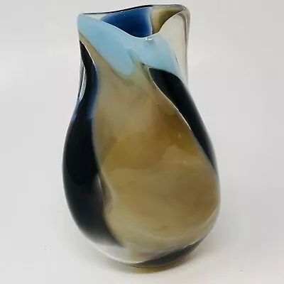 Vintage Mdina Glass Vase Twisted Blue Black Brown Mid Century Malta Signed 1969 • $49.12