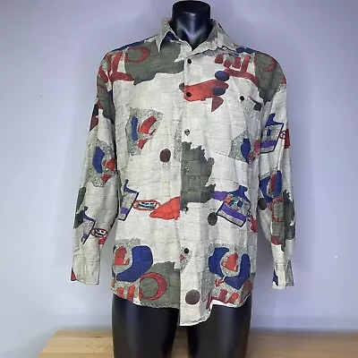 Vintage Goouch 100% Silk Button Up Long Sleeve Abstract Art Shirt Size Medium • $23.99