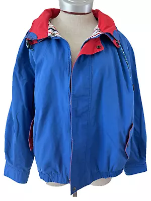 Boat US Jacket Coat Size L Vintage Snap Pockets Full Zip Hidden Hood Lined Blue • $22.99