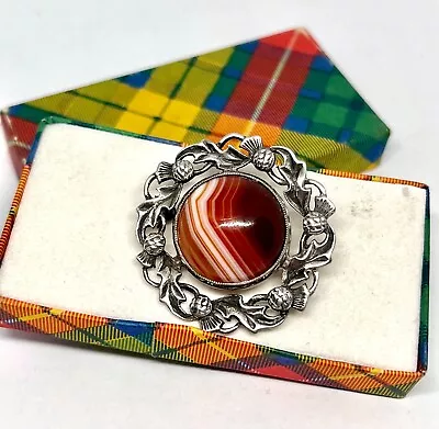£64 • Buy VINTAGE JOHN HART IONA STERLING SILVER & BANDED AGATE BROOCH C.1960'S