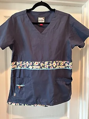 Mary Engelbreit Scrub Top Size M -Navy Floral Triml V-Neck Pockets • $9.99