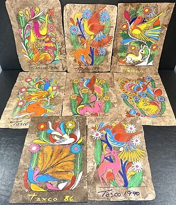 8 Retro Mexican Folk Art Amate Bark Paintings Bright Colors Flowers Birds Animal • $94.99