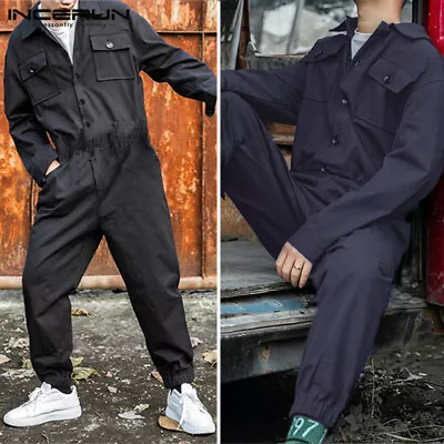 Men's Long Sleeve Shirt Overalls Button Drawstring Cargo Pants Jumpsuit Trousers • $32