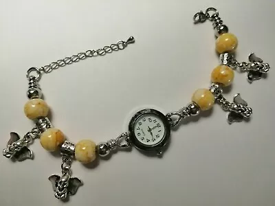 Handmade Silver ELEPHANT Watch Bracelet With  4 Silver ELEPHANT Charms -- YELLOW • £11.99