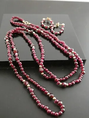 Bohemian Natural Garnet Bead Gemstone 14K YG Necklace 31  & Hoop Earring Set • $175