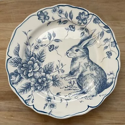 Maxcera Blue Toile Easter Bunny Rabbit Scalloped Cabbage Rose 9  Salad Plate • $14.97