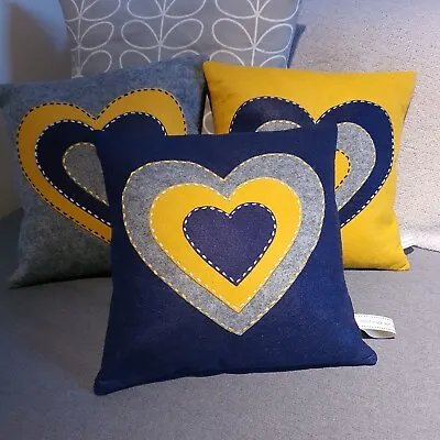 HEARTS Navy/Grey/Ochre 3 X Square Shape Cushion & Fill Sofa Boudoir Throw 12x12  • £59.99