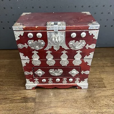 Vintage Jewellery Chest Asian  Wood Lacquered With Metal Work And Key • $39.99