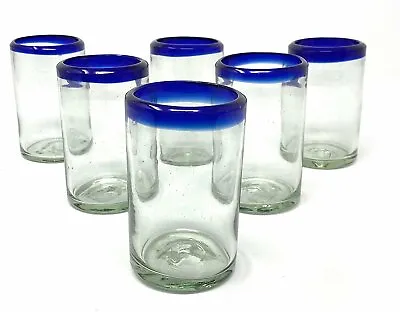 Hand Blown Mexican Drinking Glasses – Set Of 6 Juice Glasses With Cobalt Blue... • $42.99
