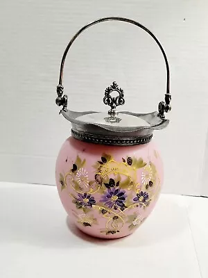 Mt Washington Victorian Pink Satin BISCUIT JAR Hand Painted Glass 1800's  • $238