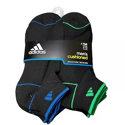 Men’s Low Cut Adidas Cushioned Socks 6 Pairs Pack Athletic Black Fits Shoe 6-12 • $19.99