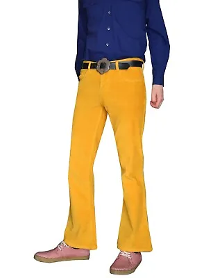 £36.99 • Buy FLARES Mustard Yellow Mens STRETCH Bell Bottoms Cords Pants Hippie Vtg Mod 60s