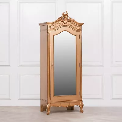 French Style Gold Chateau Single Armoire Mirror Door Boudoir Wooden Wardrobe • £850