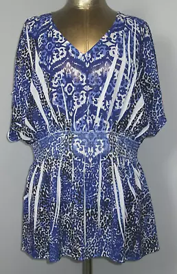 Miss Tina Blue & White Top Womens Size 1X 16W Chest 38 V-Neck Puckered 311-30684 • $13.45