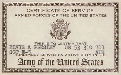 Elvis Presley Army Certificate Of Service • $24.95