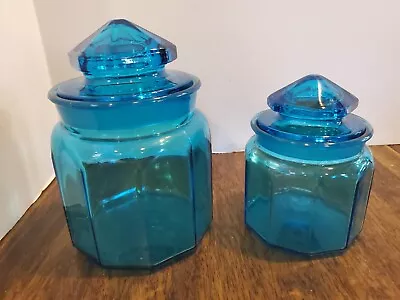 $49.99 • Buy Vintage LE Smith Blue Paneled Glass Canisters  Apothecary Jars Set Of 2  RARE