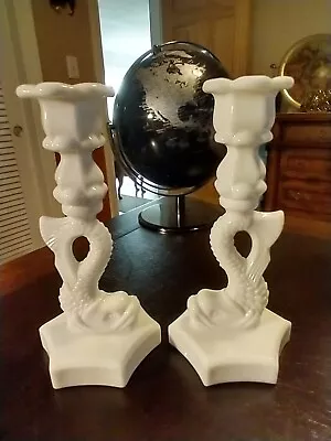 Pair Of Vintage Imperial White Milk Glass Koi Dolphin Fish Candle Holders Exc • $40