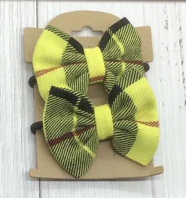 PACK 2 SMALL 5cm YELLOW TARTAN FABRIC BOW HAIR ELASTIC BAND PONYTAIL TIE BOBBLE • £4.49
