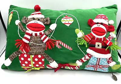 Pier One Sock Monkey Christmas Throw Pillow Green Velvet 3D Zipper Close • $19.99