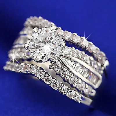 $19.72 • Buy 9k White Gold Gf Simulated Diamond Luxury Wedding Anniversary Silver Ring Set