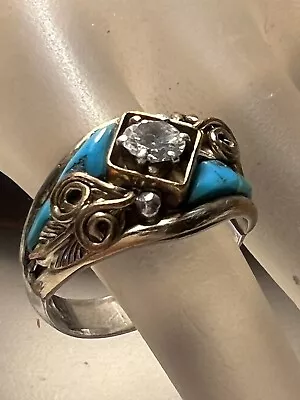 Vintage Navajo Old  Turquoise Cz Sterling Silver Gold Filled Gf Ring 8.75 • $75