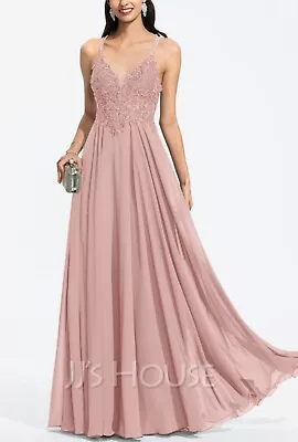 JJs House A-line V-Neck Floor-Length Chiffon Prom Dresses With Beading Sequins  • £66.95