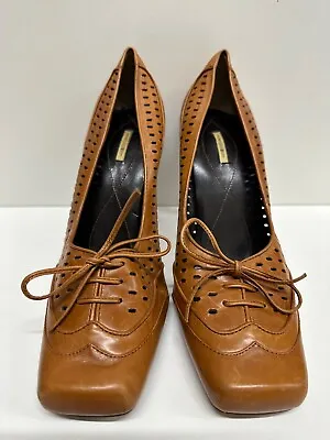 Maxstudio Women Size 8.5 M Vintage Brown Leather Perforated Heel Shoes With Bow • $24.99