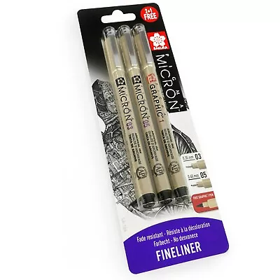 3 XSakura Pigma Micron - Pigment Fineliner Pens - 0.3/0.5mm/Graphic - Black Ink  • £7.99