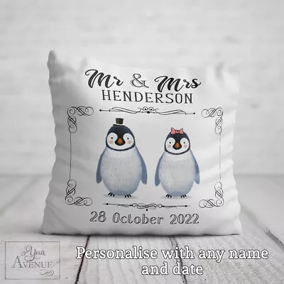 MR MRS CUSHION Personalised Cute Penguins Wedding Gift Couple Unique Bride Groom • £21.99
