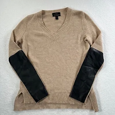 J Crew Women's XXS Tan/Black Leather Panel Sleeves V Neck Cashmere/Wool Sweater • $25.50