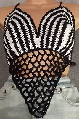 Crochet Bra Top With Mesh Black +white Large • £16.99