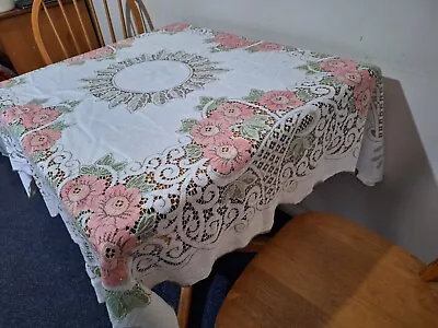 VINTAGE WHITE Pink COTTON LACE TABLECLOTH Flowers Brown Stitching Detail • $16