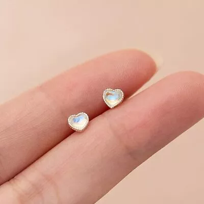 925 Sterling Silver Heart Moonstone Stud Earrings Jewellery Women Girls Gift UK • £3.49