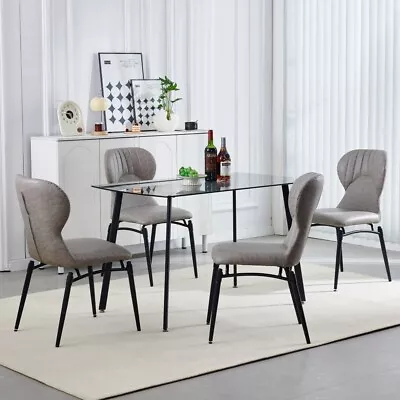 47  Dark Gray Glass Dining Table Round Edge&4x Gray PU Leather Dining Chairs Set • $329.99