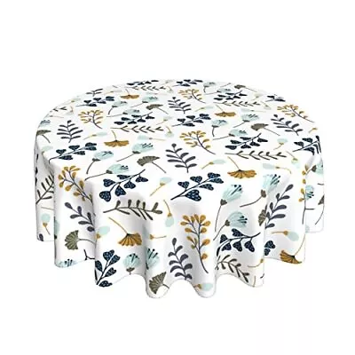 Blue Grey White Floral Leaves Round Tablecloth 60 Inch Spring Summer Leaf Tab... • $26.43