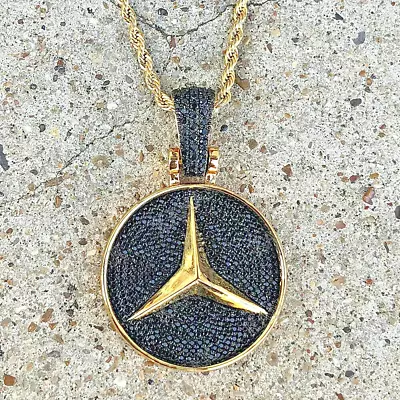 3 CT Round Black Moissanite Men's Mercedes Pendant 14K Yellow Gold Plated Silver • $265.29