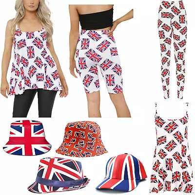 Union Jack UK Flag GB Trilby Hat Cap With Lining Band Hat Cami Vest & Legging • £8.95