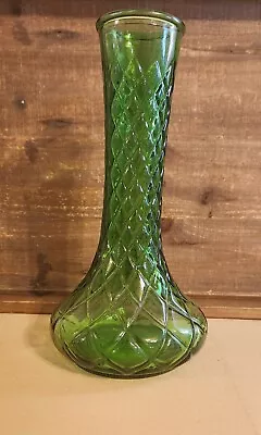 Vintage Green Hoosier Glass Bud Vase Quilted Diamond Pattern MCM 9  Tall • $8